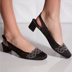 J. Renee Faleece Lace And Satin Slingback Block Heel Pumps Size 10M